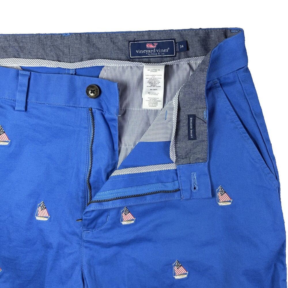 Vineyard Vines Breaker Shorts Mens 34 Embroidered American Flags Blue Preppy